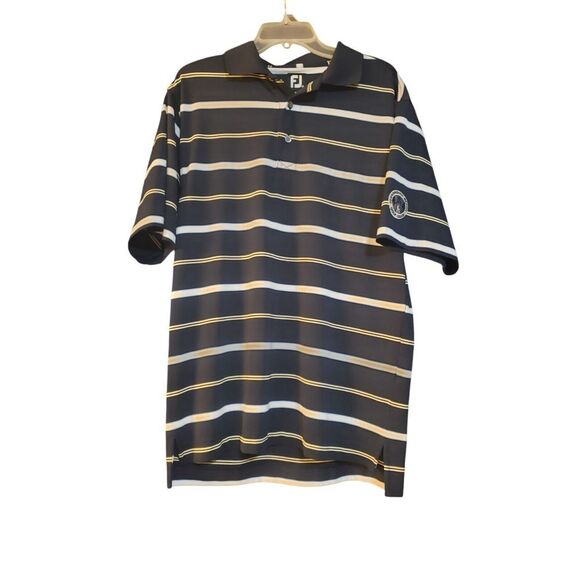 Foot Joy FJ Polo Shirt Mens M‎ Blue Striped Short Sleeve Stretch Golf Club Logo - Picture 1 of 13